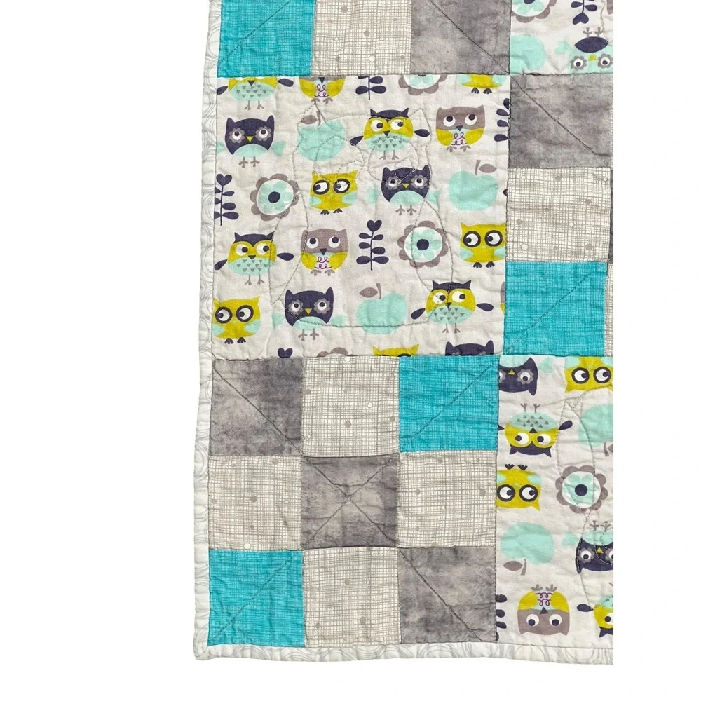 Handmade Owl Patchwork Quilt Aqua Gray Baby Toddler Nursery Woodland